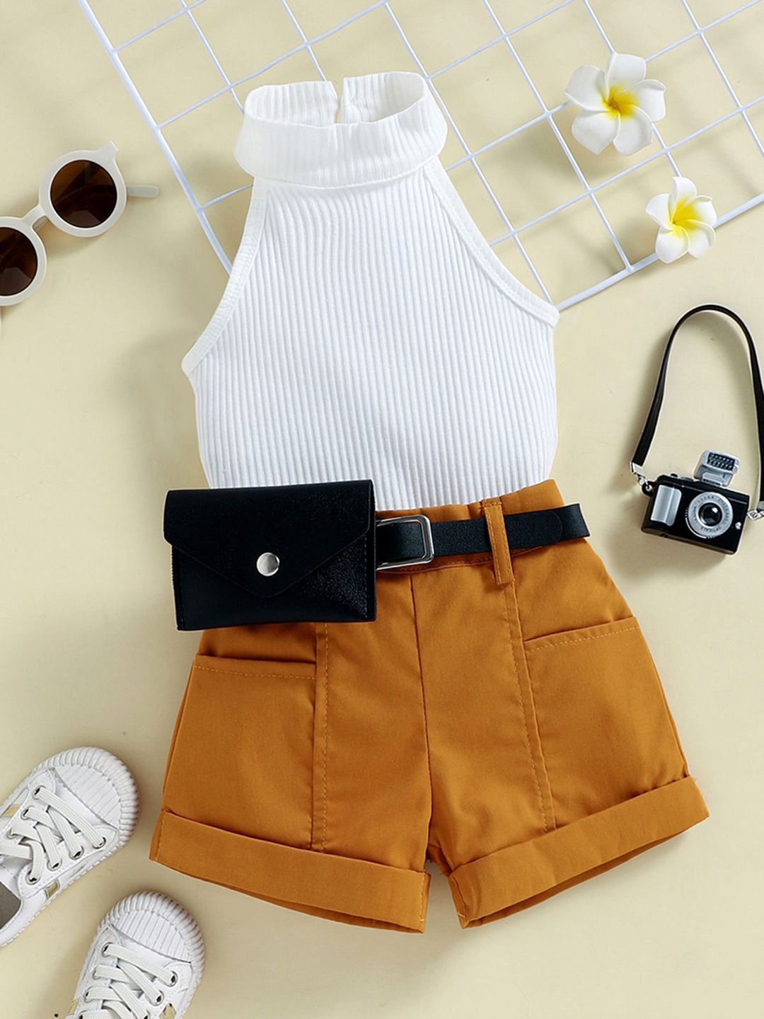 

INCLUD Girls Halter Neck Top with Shorts, Tan