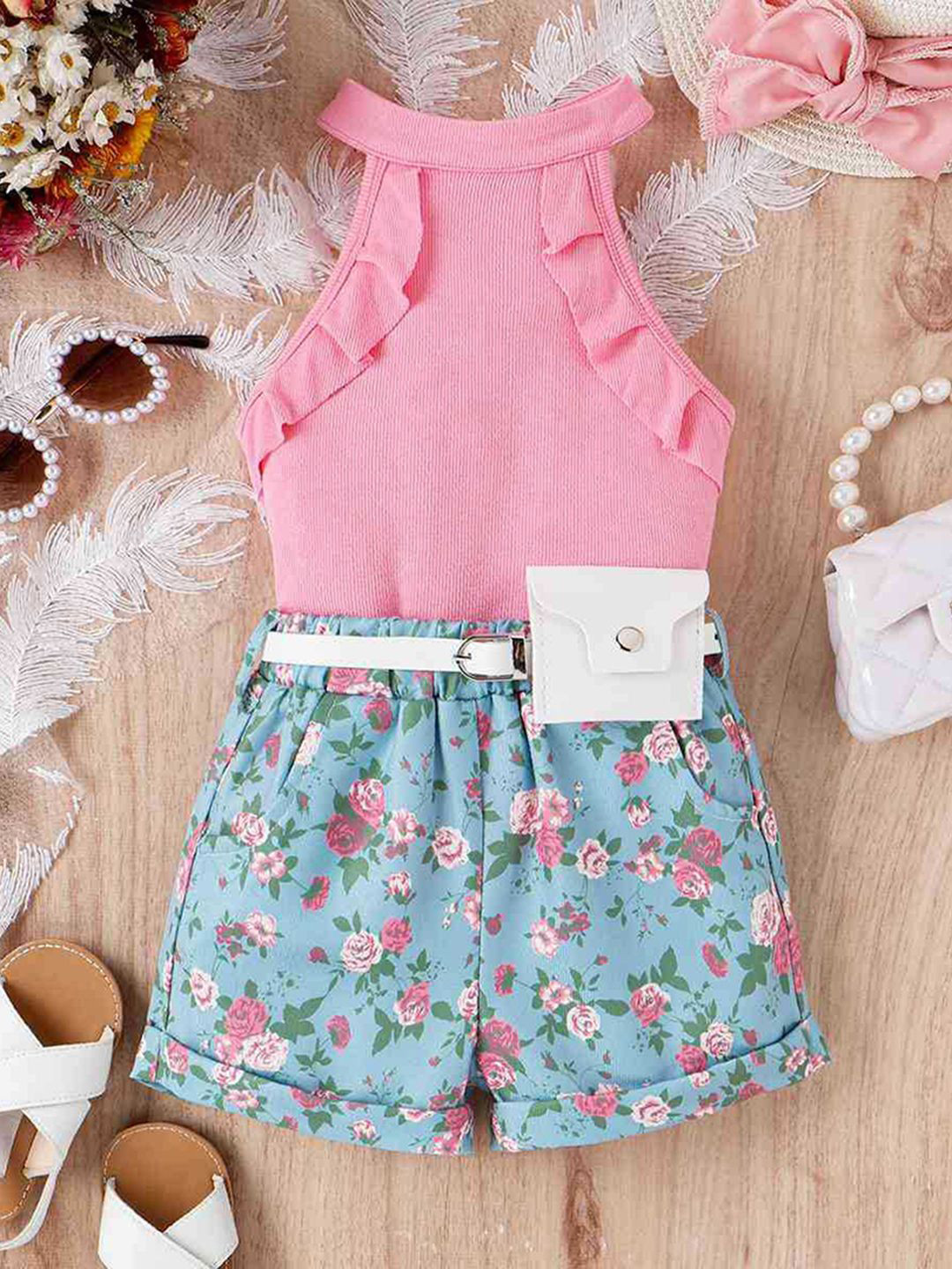 

INCLUD Girls Halter Neck Top with Shorts & Waist Bag, Pink