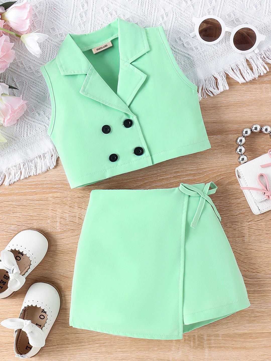 

INCLUD Girls Lapel Collar Sleeveless Vest Top With Shorts, Green