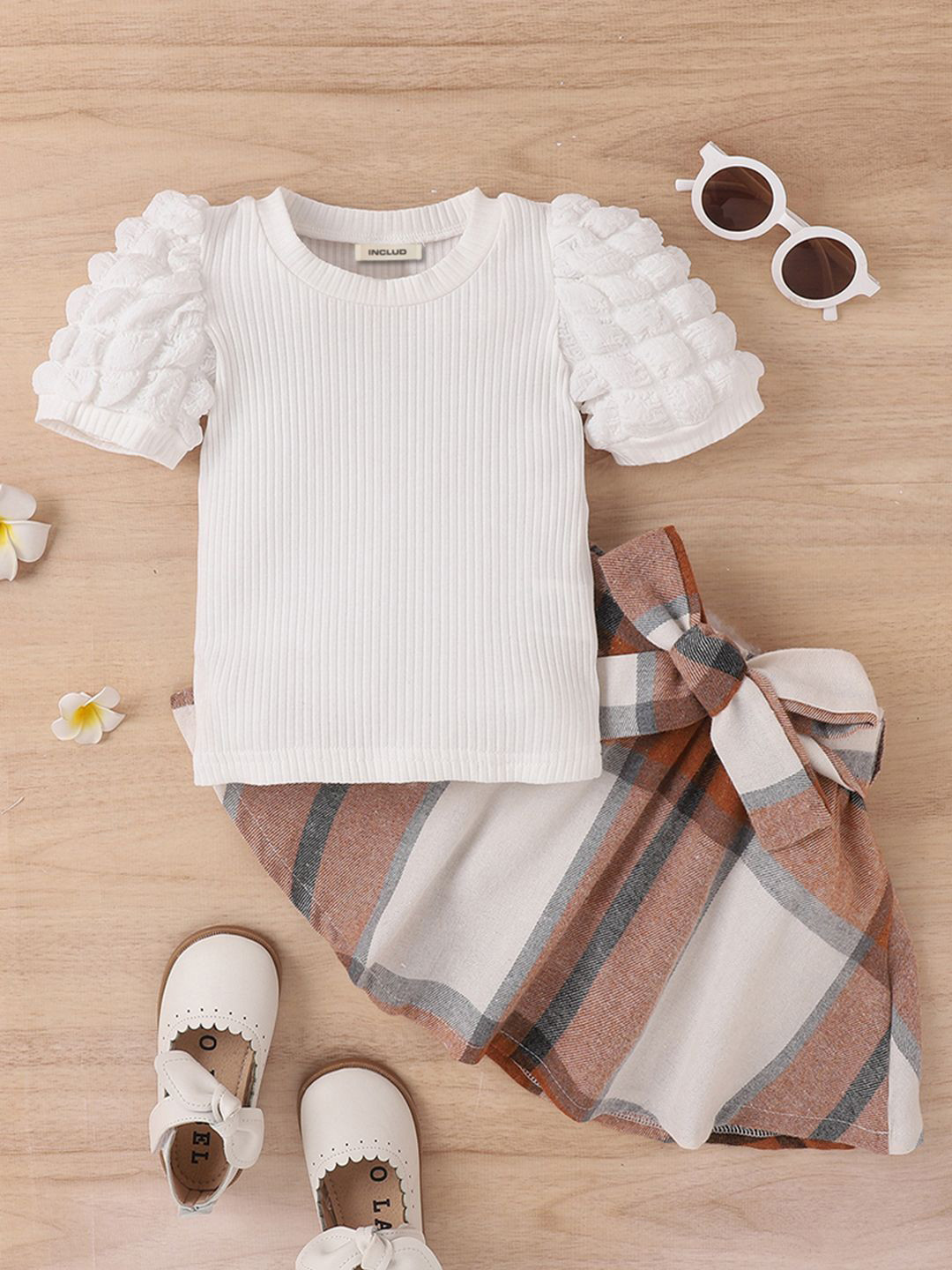 

INCLUD Girls Round Neck T-shirt With Skirt, Brown