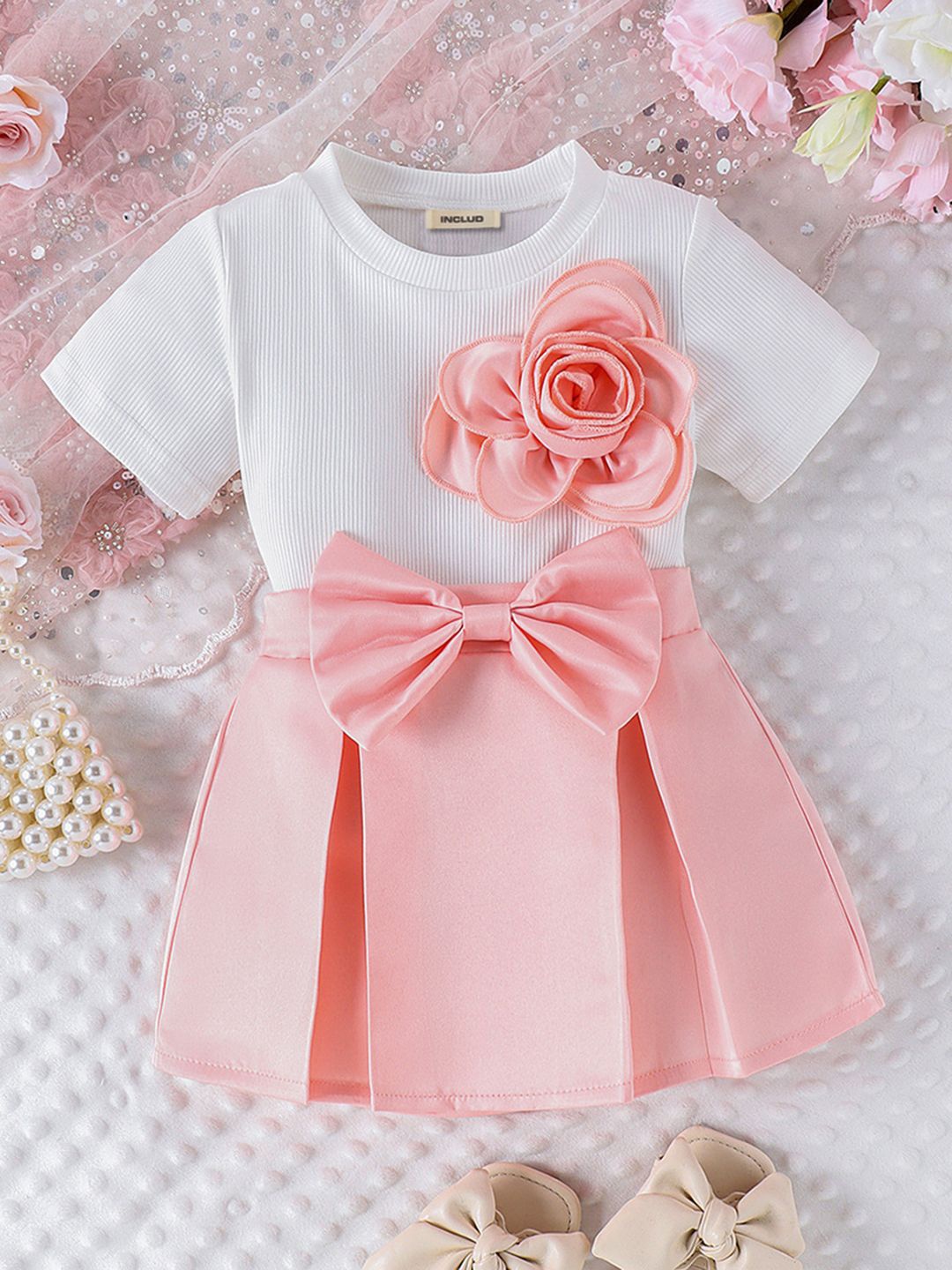 

INCLUD Girls Striped Top With Skirt, Pink