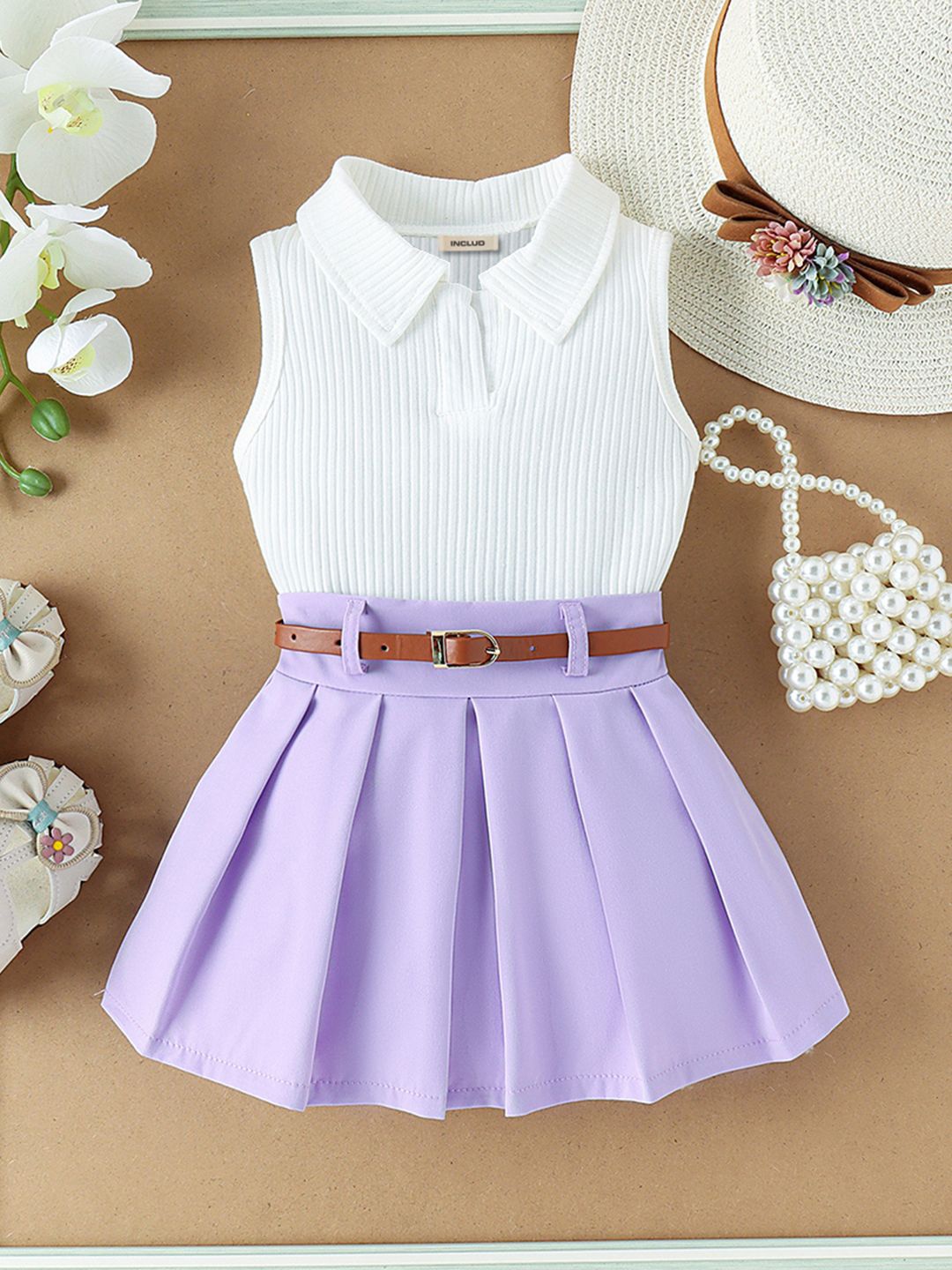 

INCLUD Girls Shirt Collar Sleeveless Top With Pleated Skirt, Purple