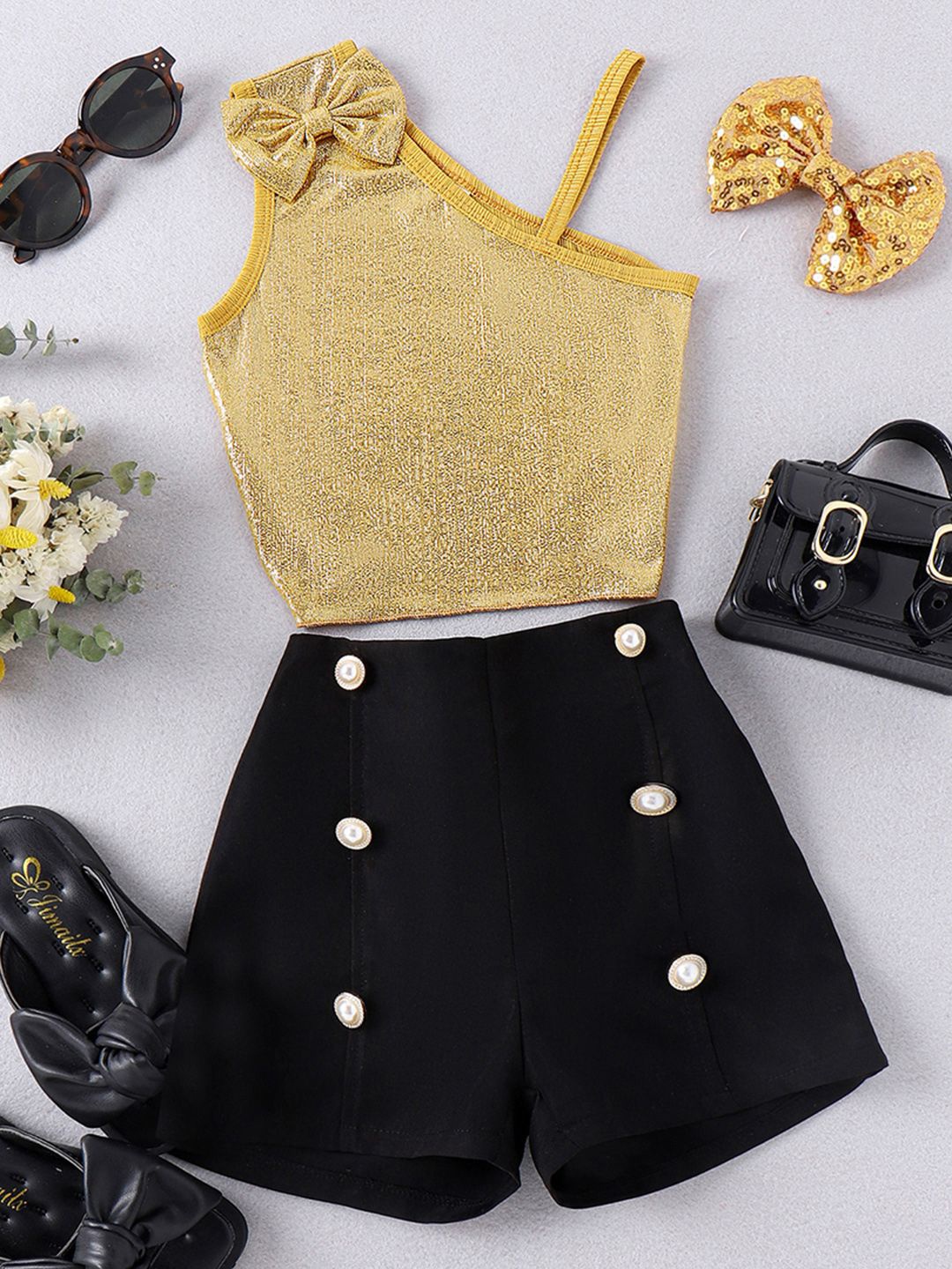 

INCLUD Girls Embellished One Shoulder Top With Shorts, Yellow