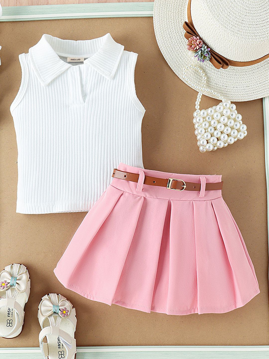 

INCLUD Girls Shirt Collar Top With Pleated Skirt, Pink