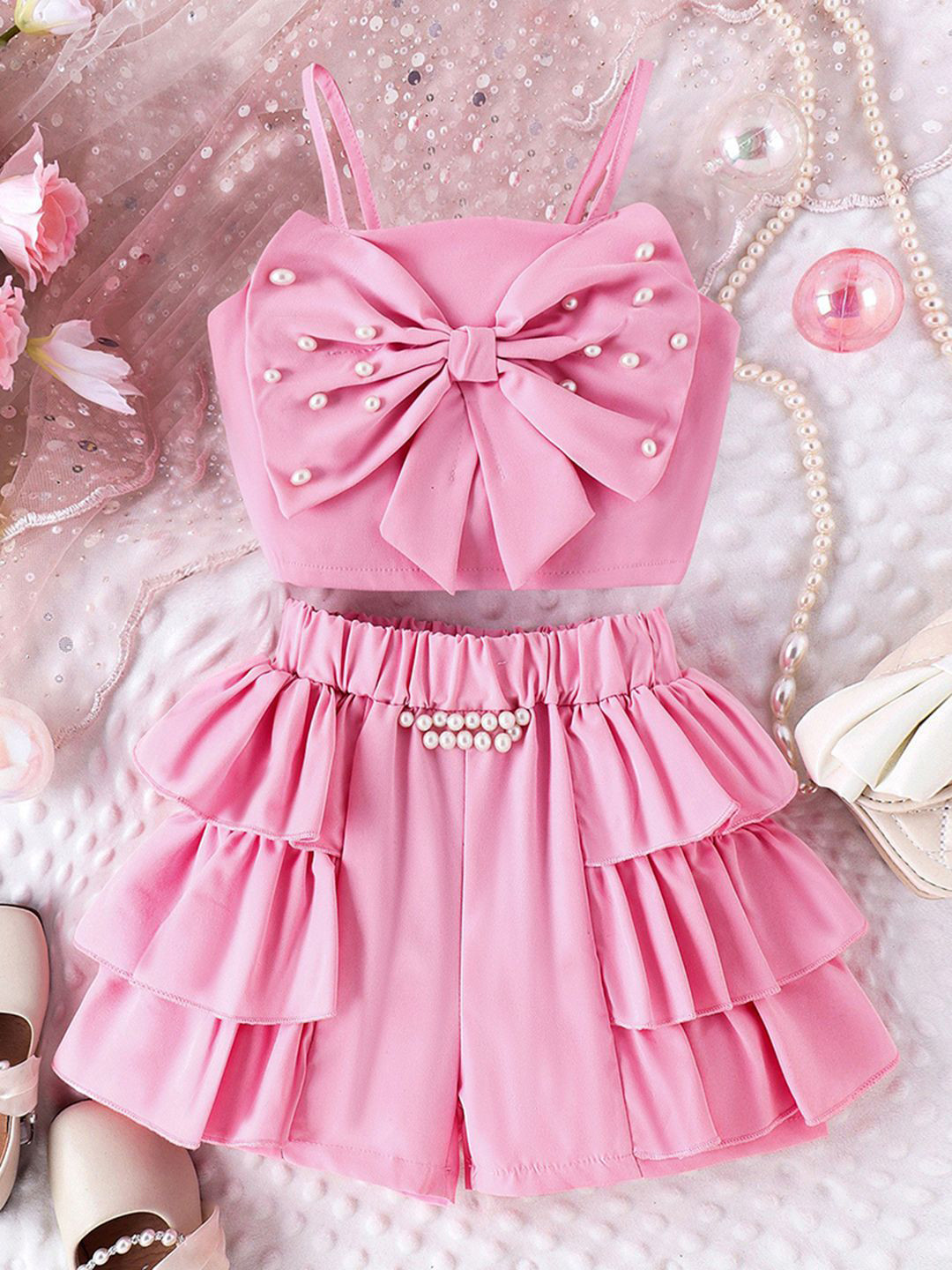 

INCLUD Girls Embellished Shoulder Straps Crop Top With Shorts, Pink