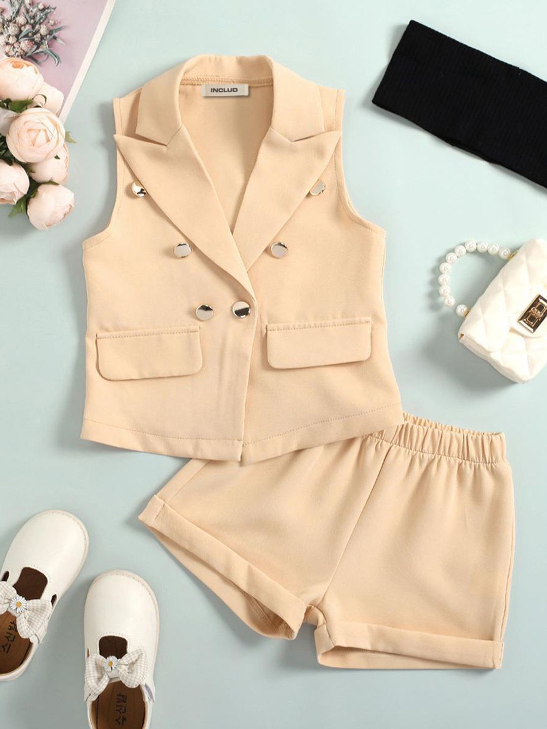 

INCLUD Girls V-Neck Tube Top With Vest Jacket & Shorts, Beige