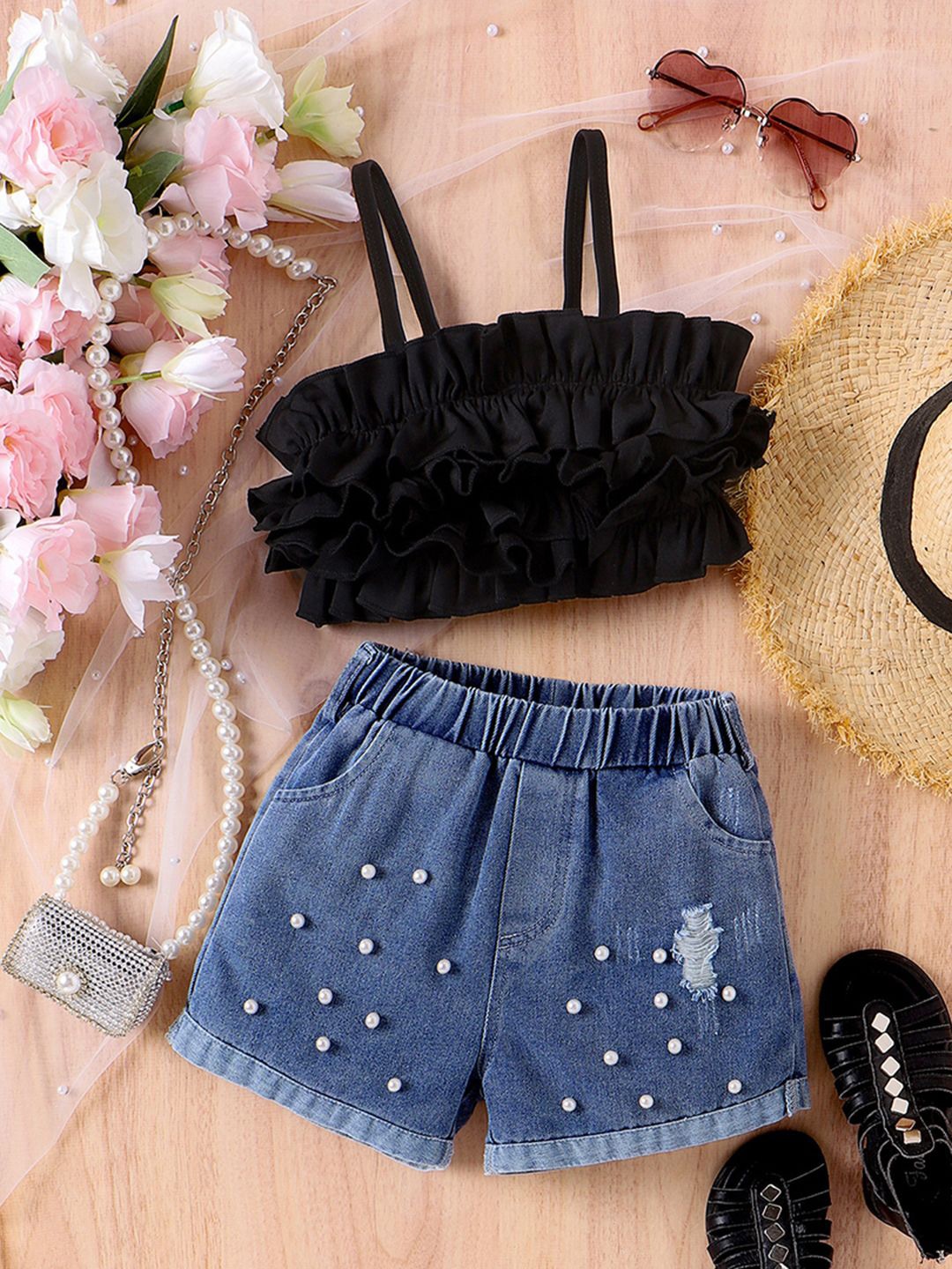 

INCLUD Girls Crop Top With Shorts, Black