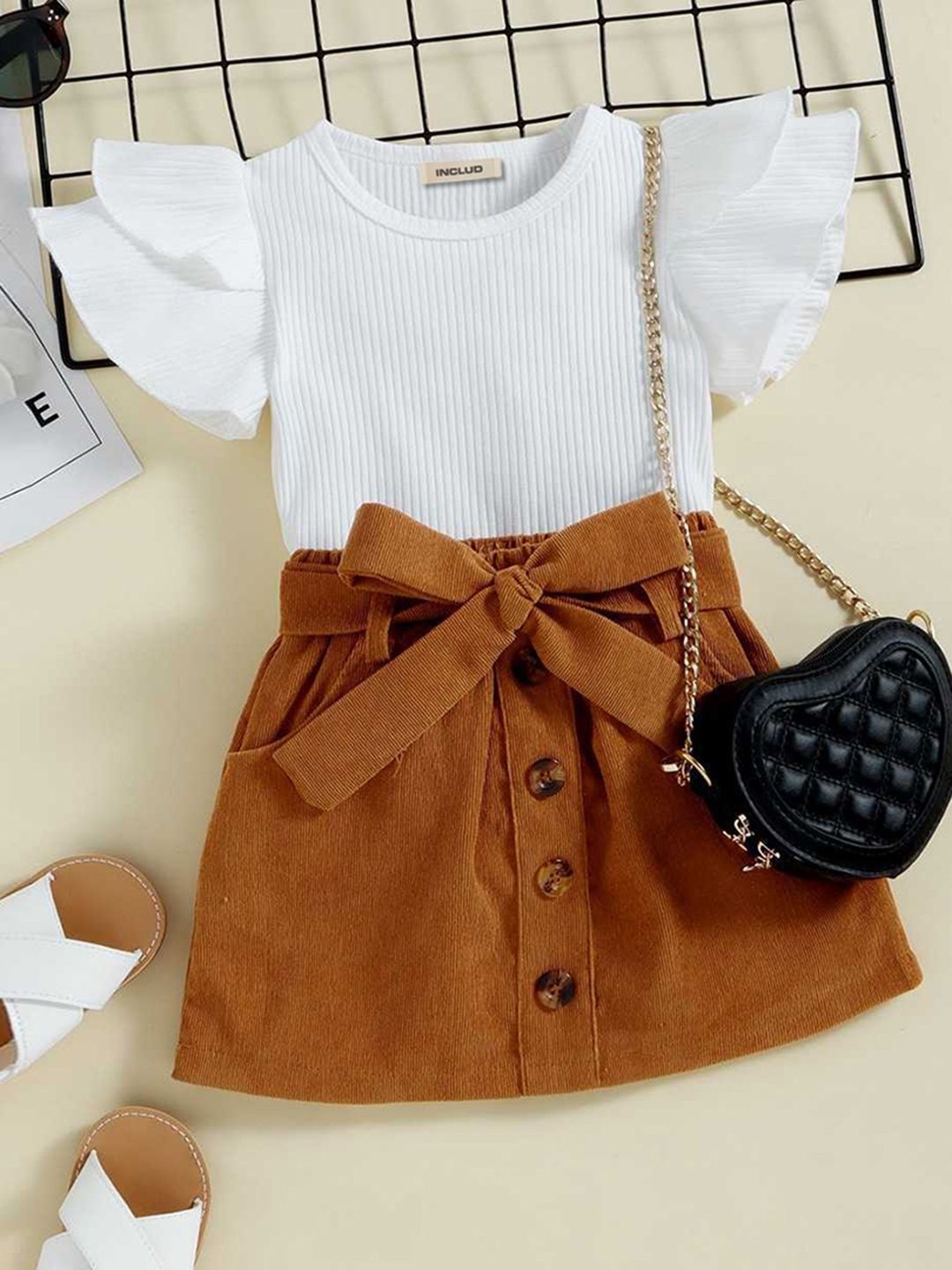 

INCLUD Girls Flared Sleeve Knitted Top With Corduroy Skirt, White