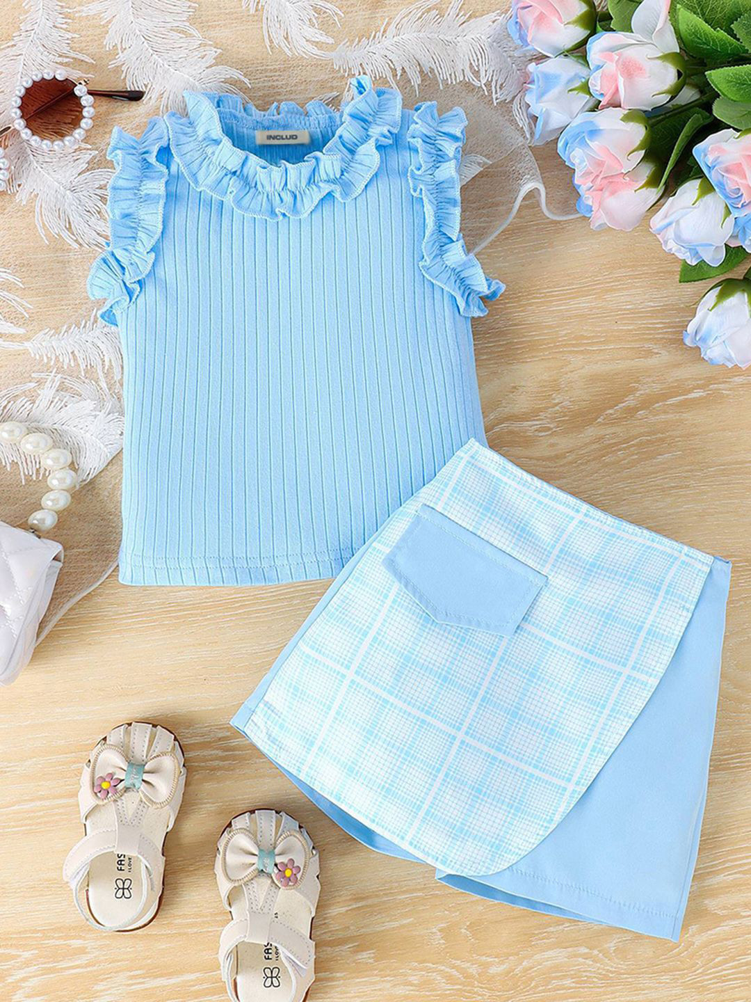 

INCLUD Girls Striped Top with Shorts, Blue