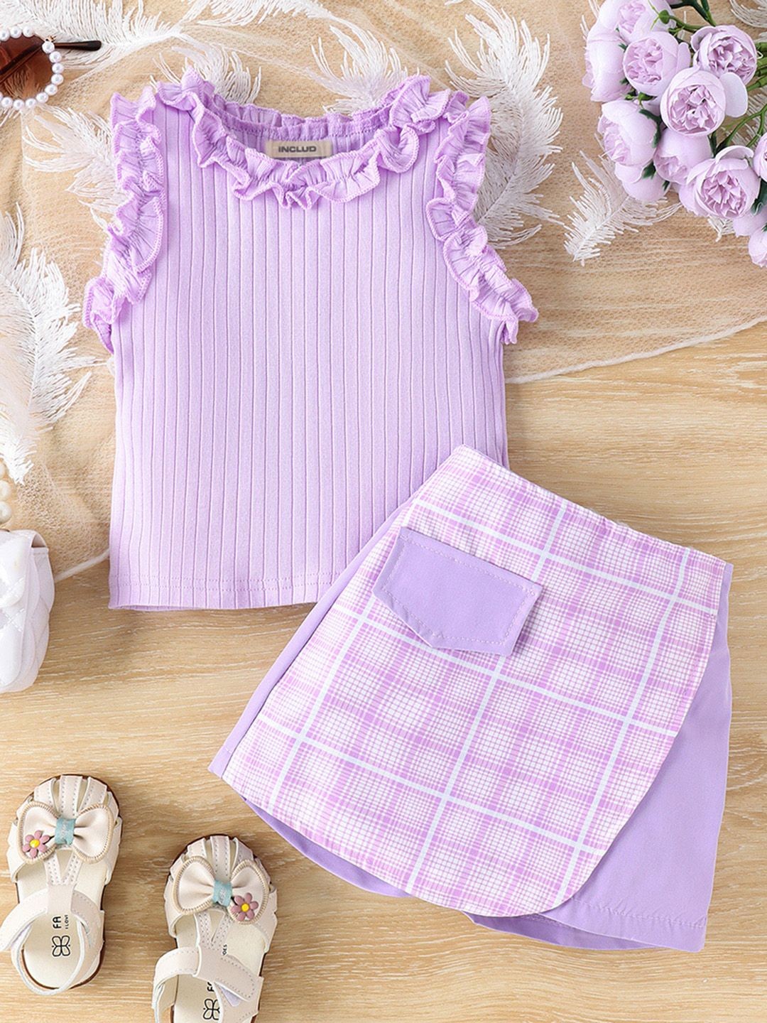 

INCLUD Girls Striped Top with Shorts, Purple