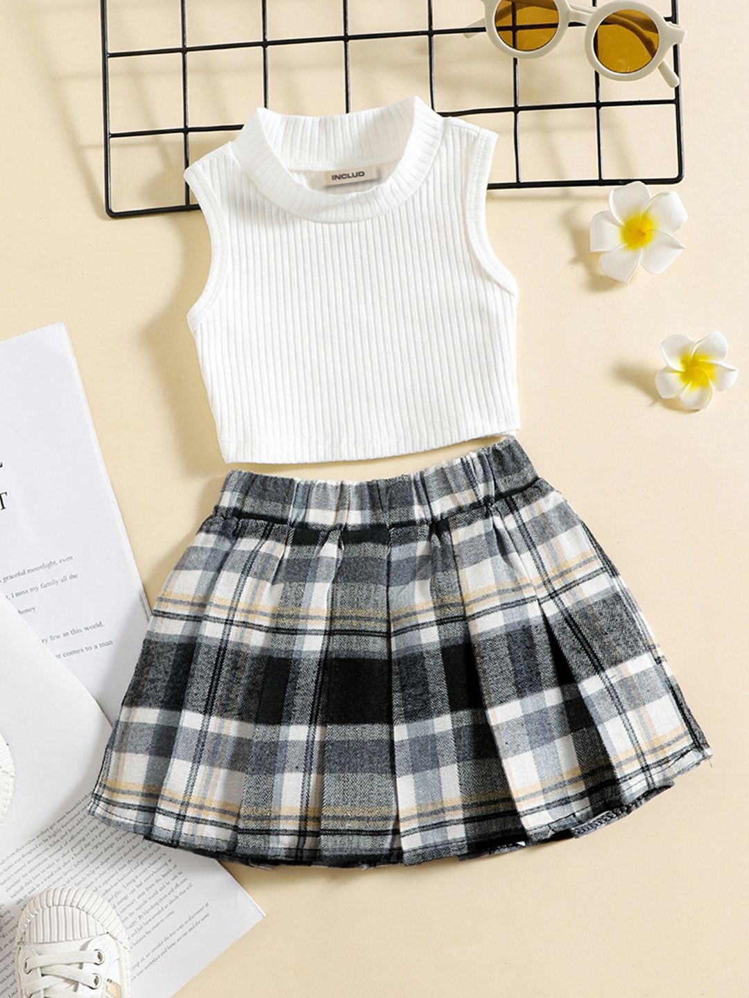 

INCLUD Girls Striped Round Neck Crop Top with Pleated Skirt, White