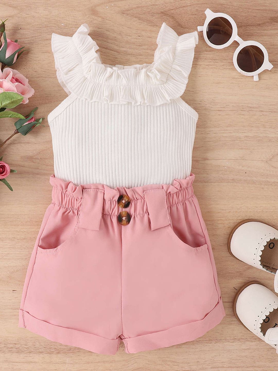 

INCLUD Girls Self Design Square Neck Sleeveless Top With Shorts, Pink