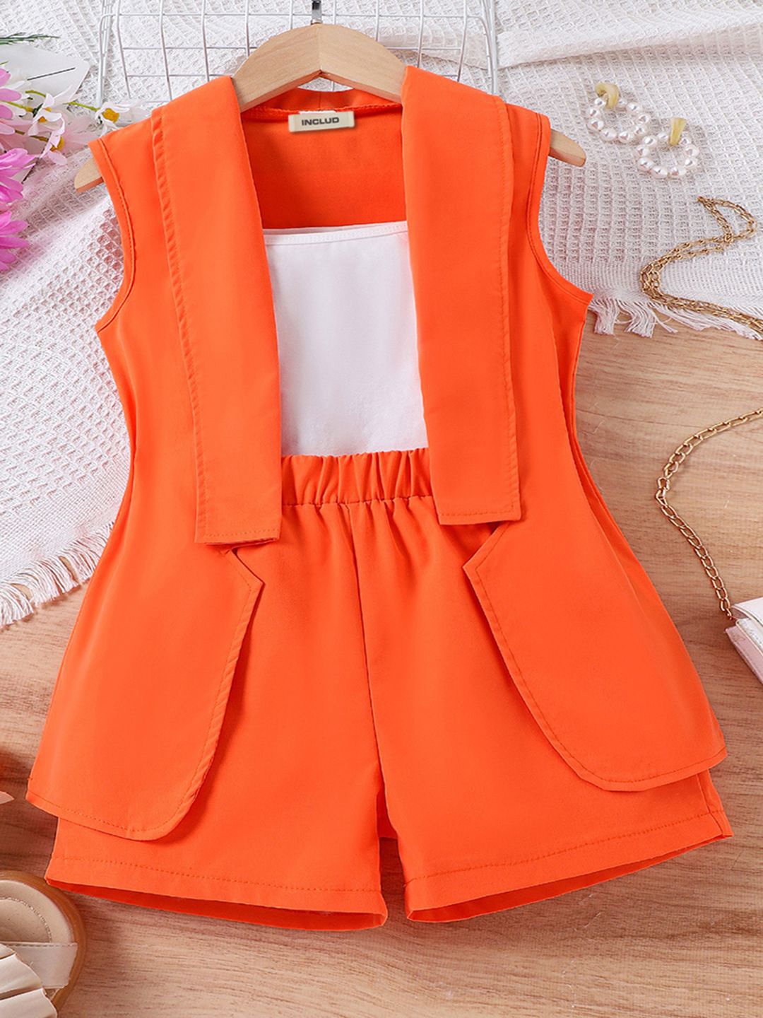 

INCLUD Girls Shawl Neck Sleeveless Top With Shorts And Vest Jacket, Orange