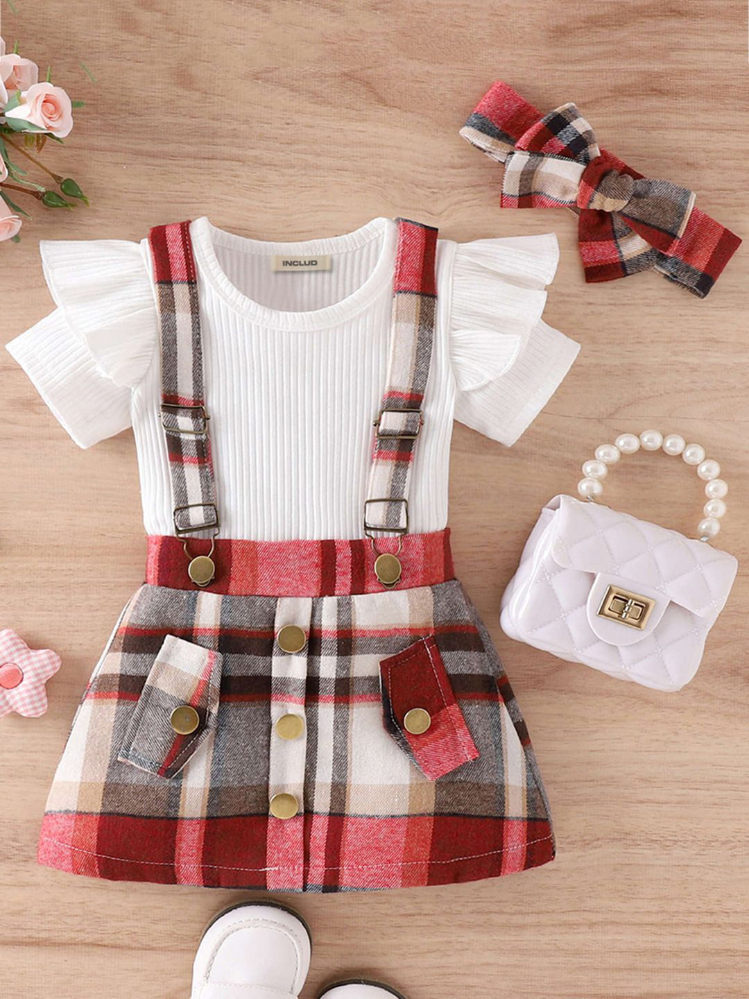 

INCLUD Girls Self Design Short Sleeves T-shirt With Checked Suspender Plaid Skirt, Red