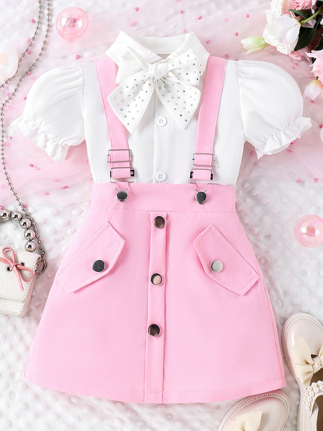 

INCLUD Girls Puff Sleeves Shirt With Bow & Suspender Skirt, Pink