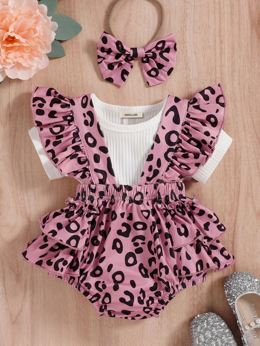 

INCLUD Girls Striped Short Sleeves Top With Leopard Printed Suspender Shorts, Pink
