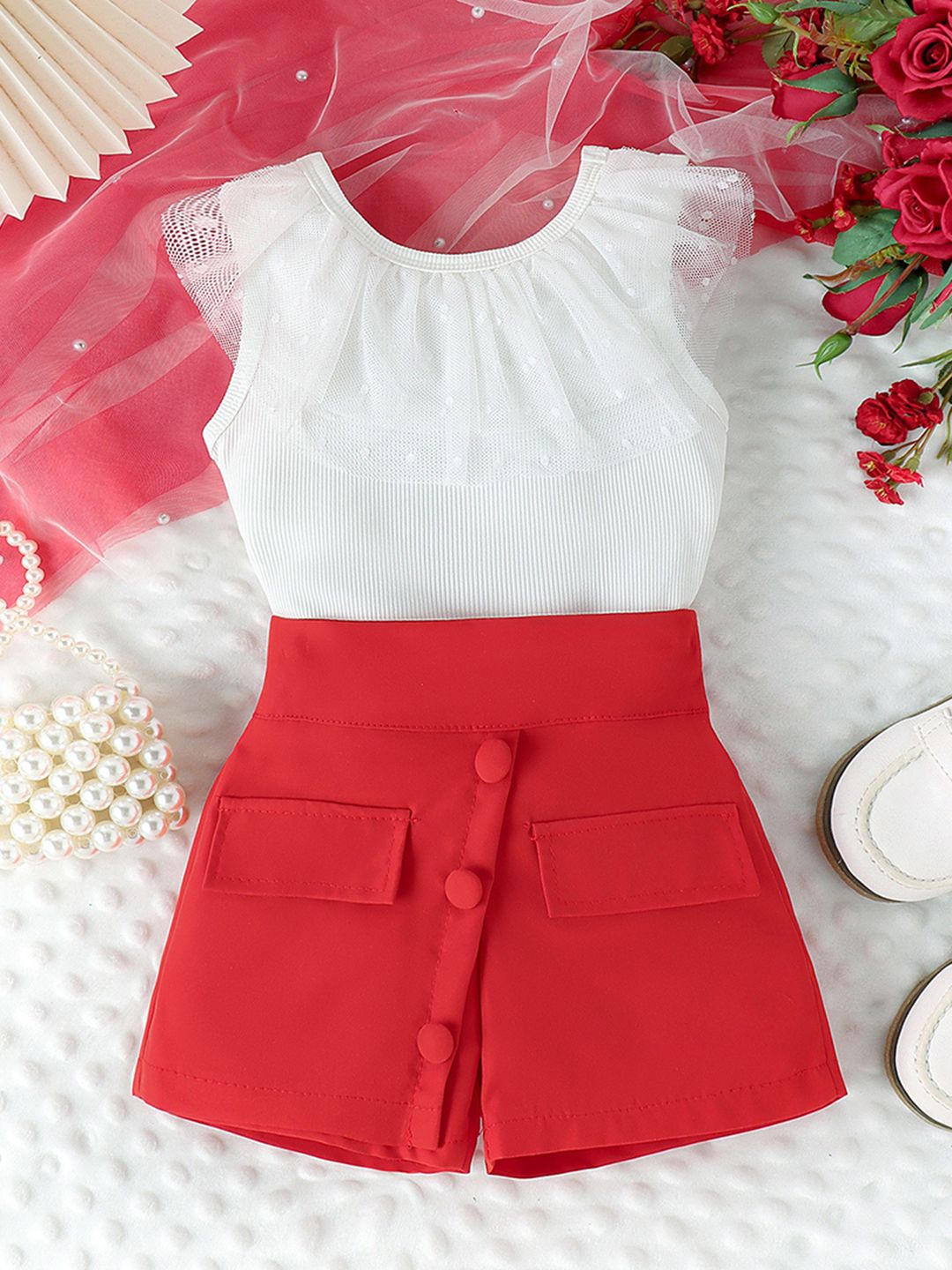 

INCLUD Girls Self Design Sleeveless Round Neck Top With Shorts, Red