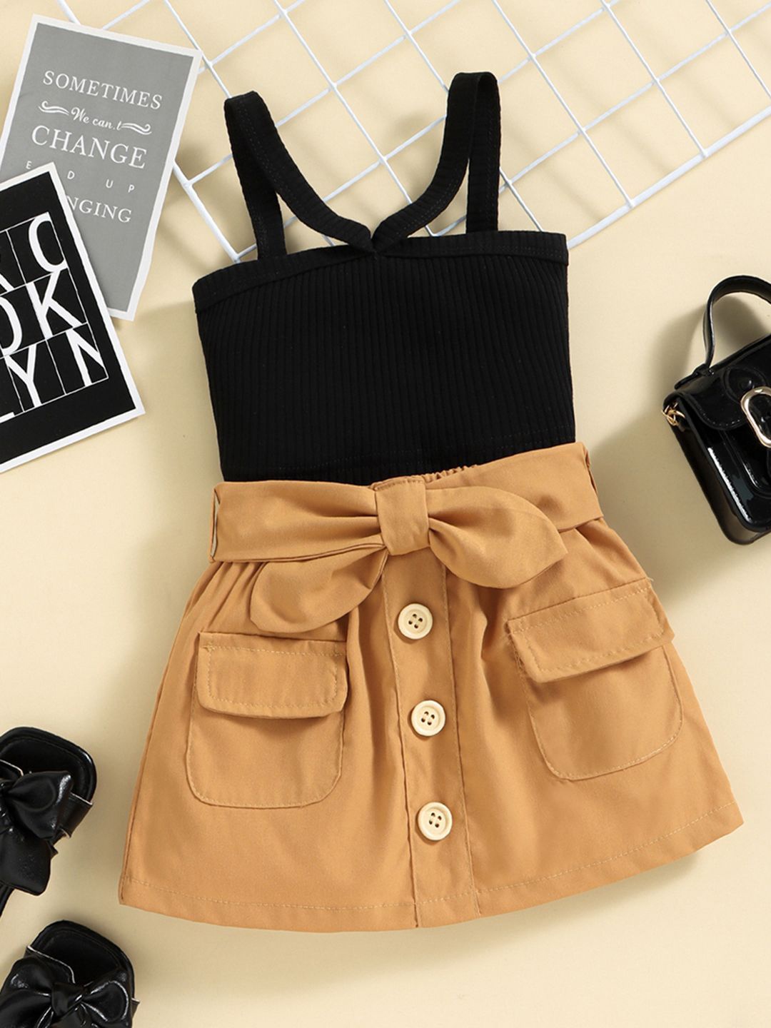 

INCLUD Girls Shoulder Straps Top with Skirt, Black