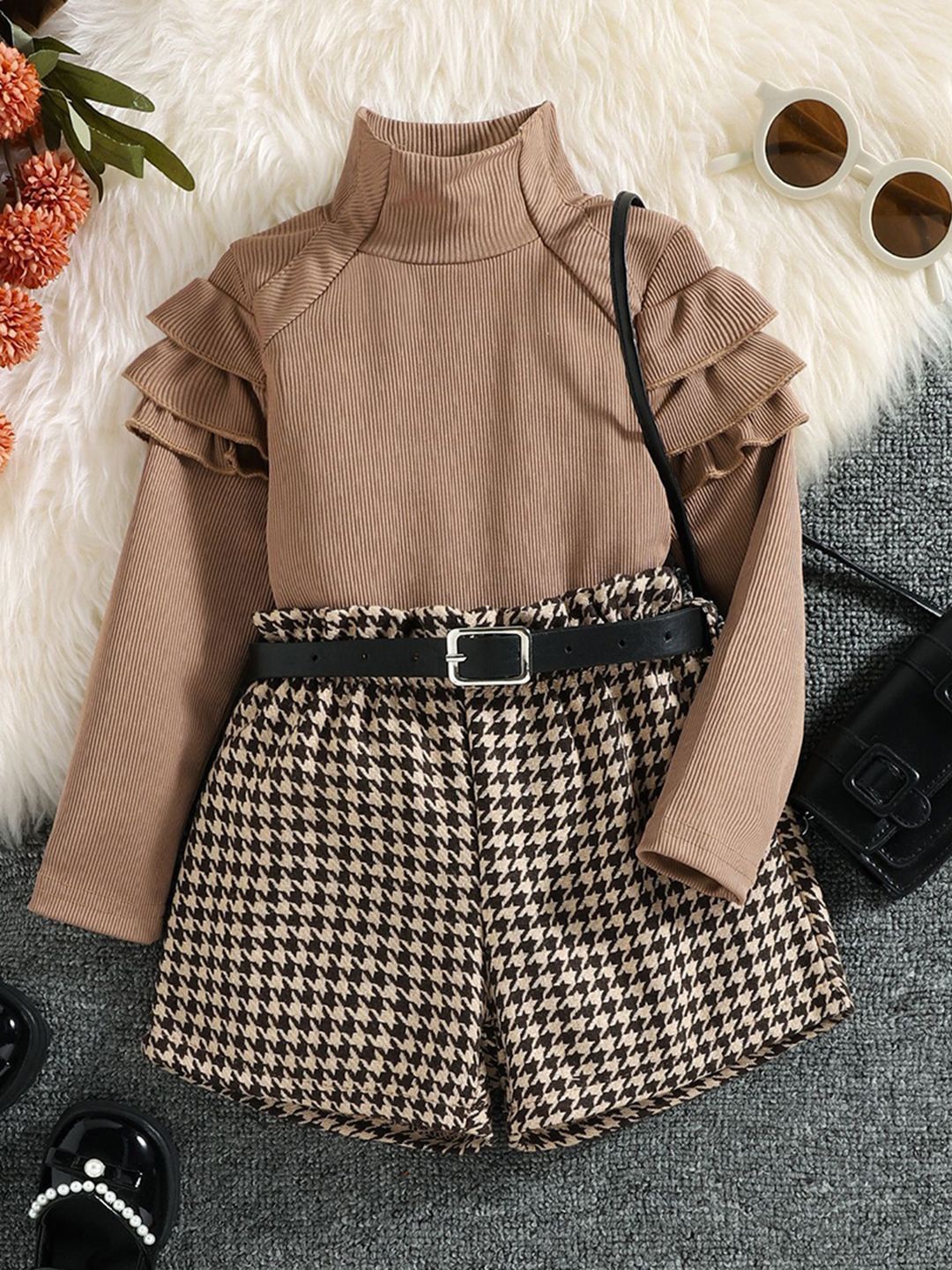 

INCLUD Girls Self Design High Neck Top with Shorts, Brown