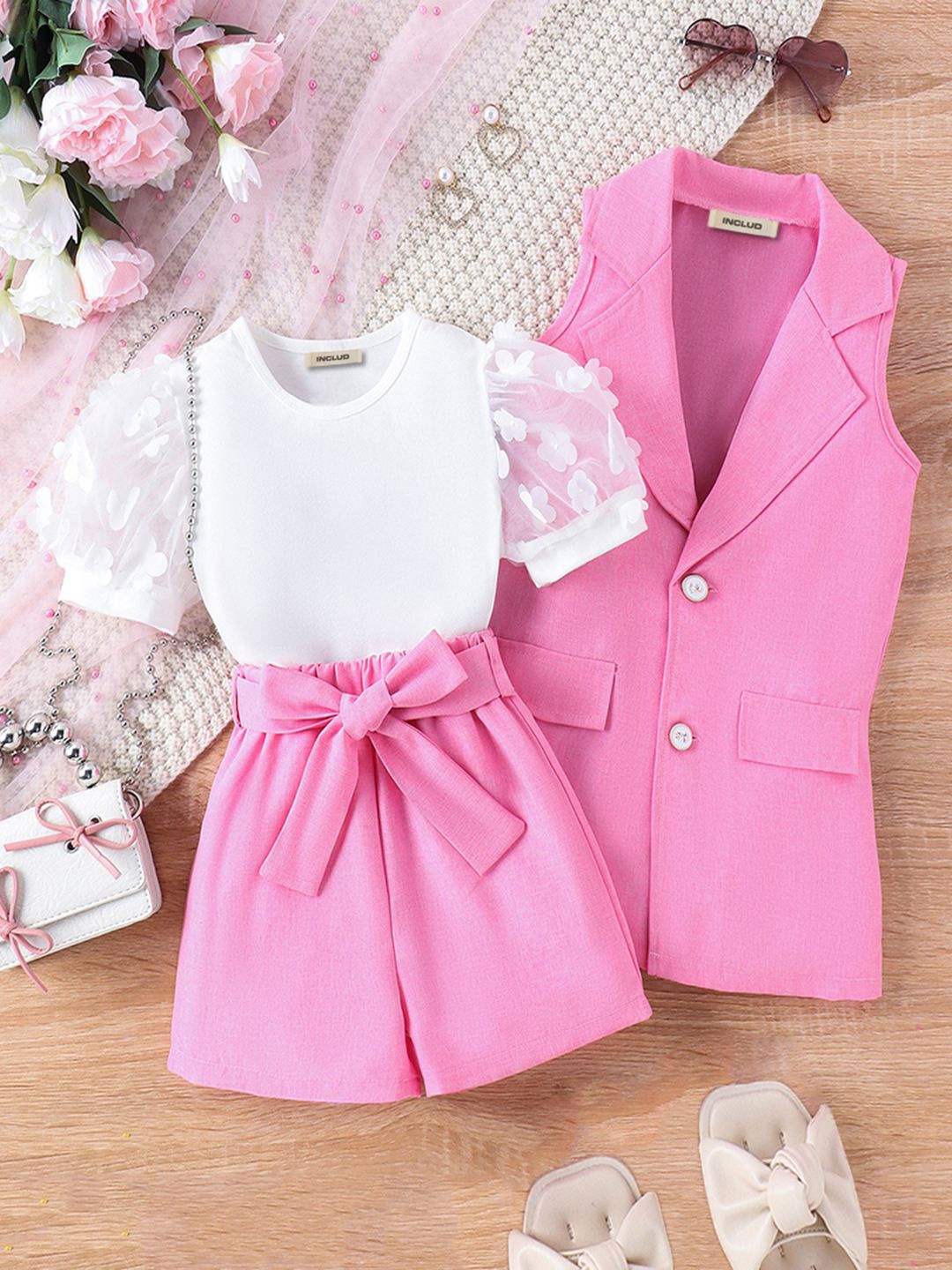

INCLUD Girls Puff Sleeve Top & Shorts With Waistcoat, Pink