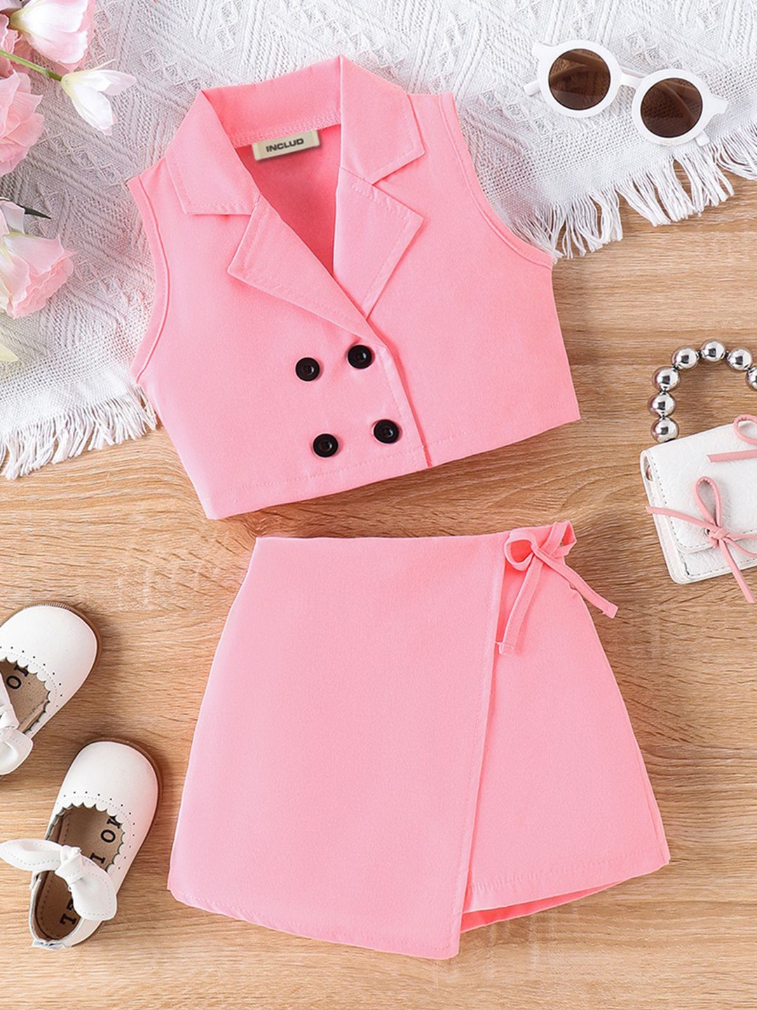 

INCLUD Girls Lapel Collar Coat with Shorts, Pink