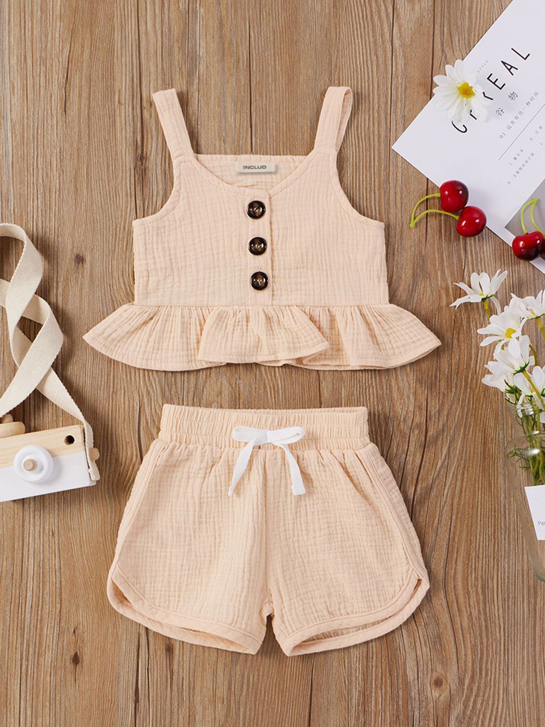 

INCLUD Girls Shoulder Straps Top with Shorts, Khaki