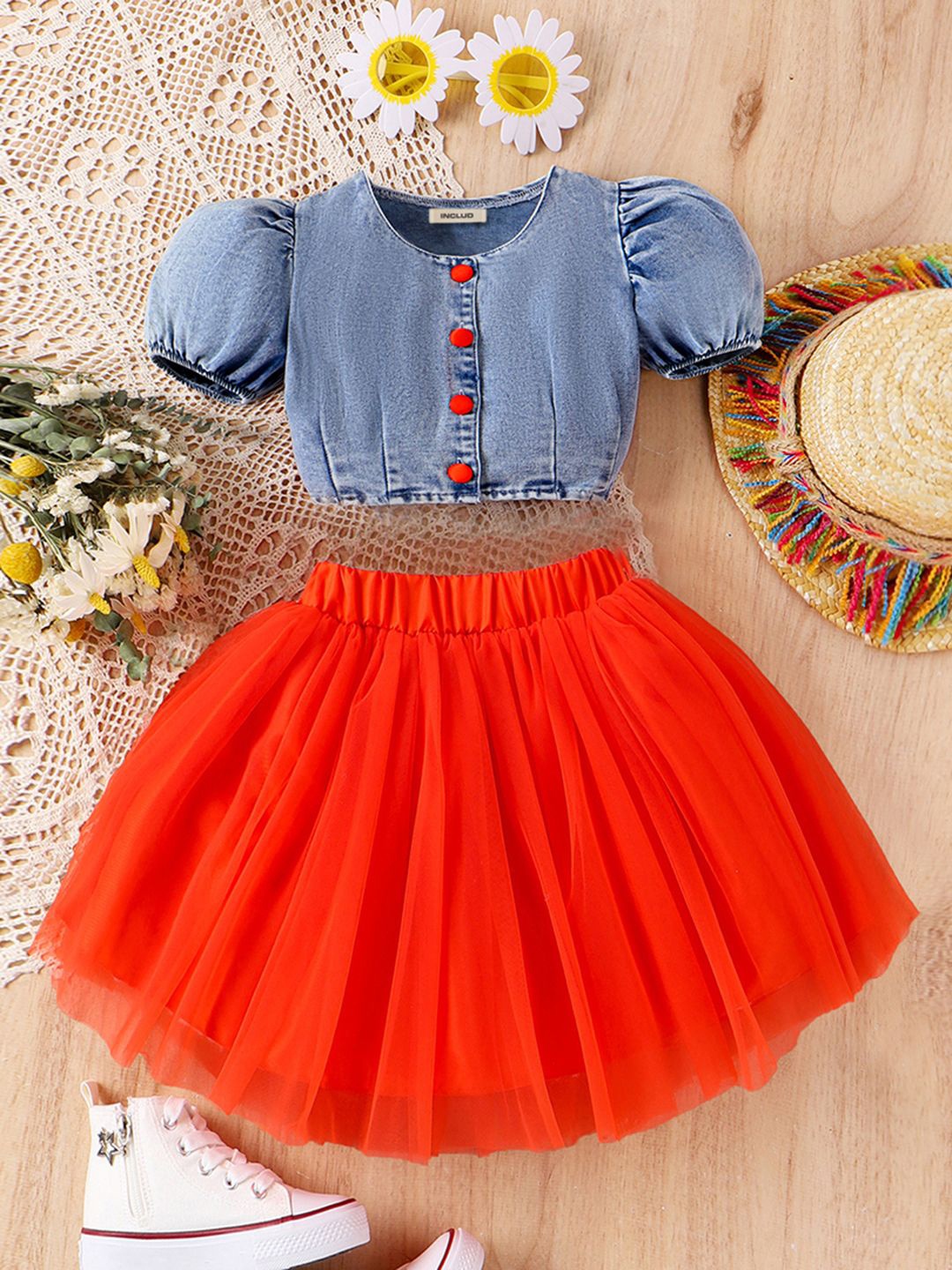 

INCLUD Girls Round Neck Denim Top with Skirt, Red