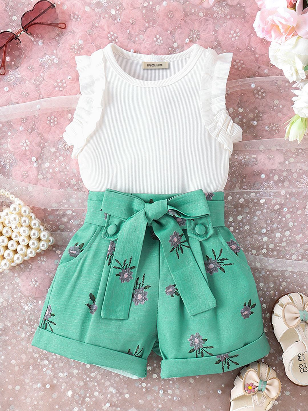 

INCLUD Girls Round Neck Top with Shorts, Green