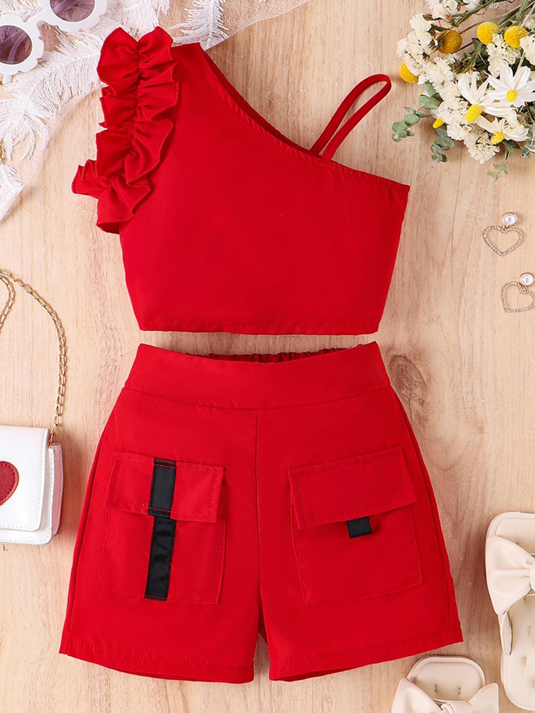 

INCLUD Girls One Shoulder Top With Shorts, Red