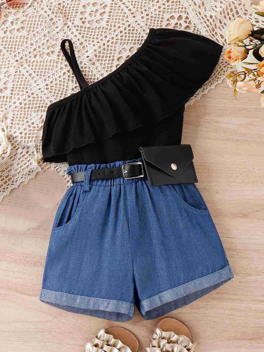 

INCLUD Girls One Shoulder Top With Shorts & Waist Bag, Black