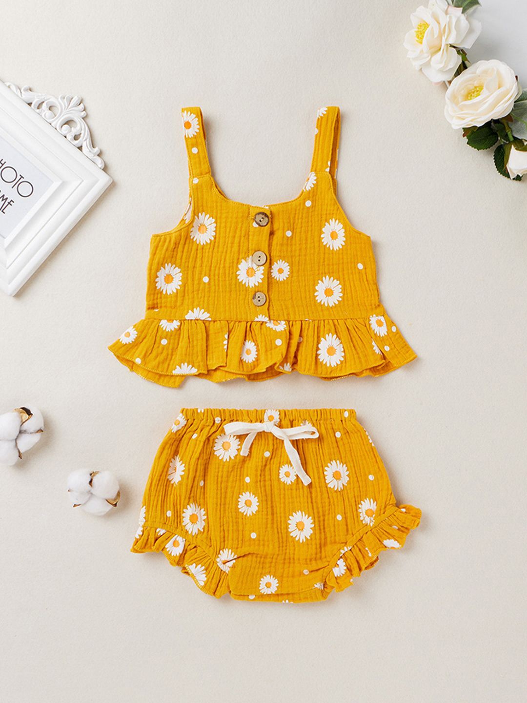 

INCLUD Girls Floral Printed Sleeveless Top With Shorts, Yellow