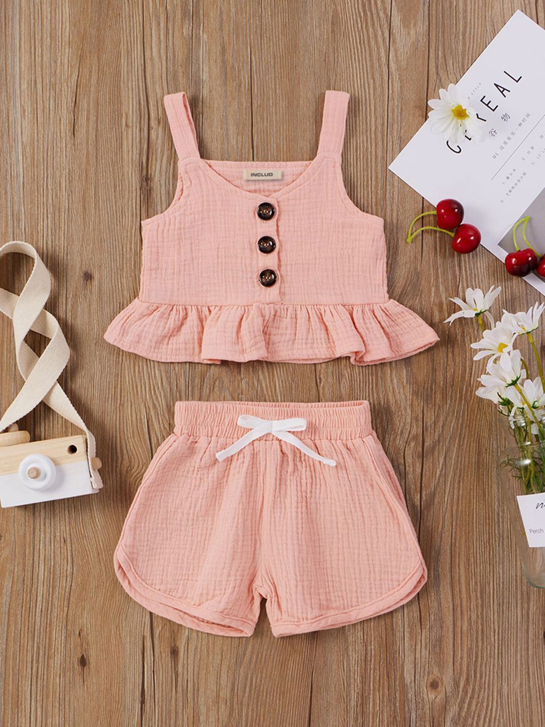 

INCLUD Girls Sleeveless Peplum Top With Shorts, Pink