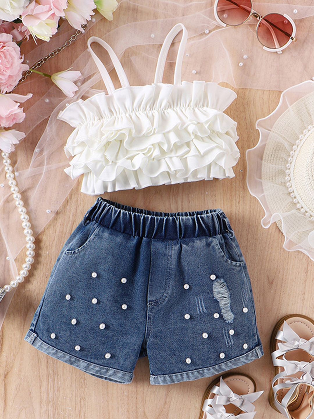 

INCLUD Girls Sleeveless Ruffled Top With Shorts, White