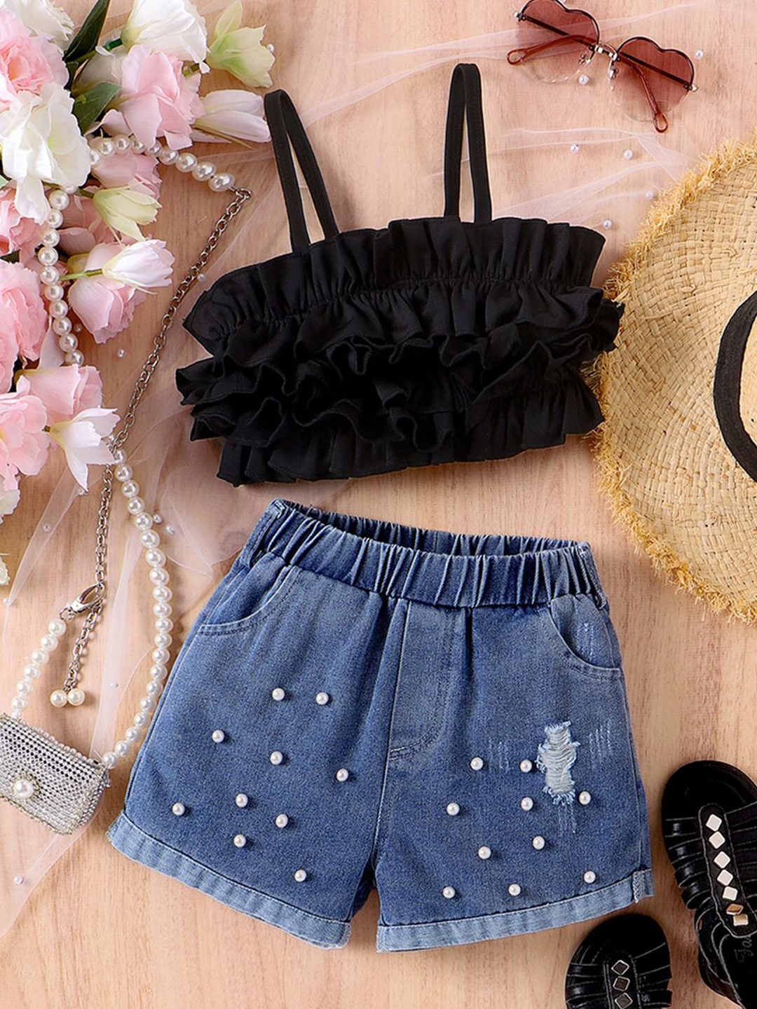 

INCLUD Girls Ruffles Camisole Top With Denim Shorts, Black