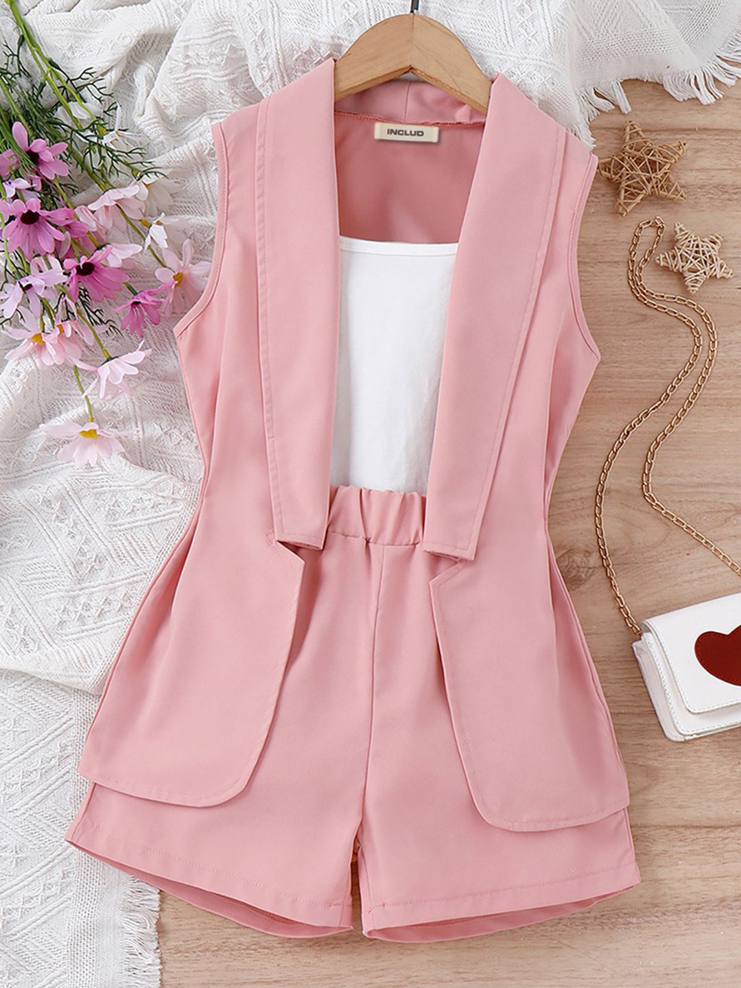 

INCLUD Girls Vest Jacket With Camisole Top & Shorts, Pink