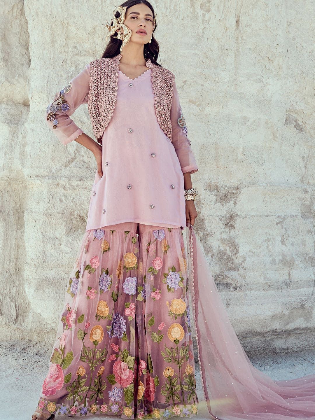

Nikita Vishakha Floral Embroidered Kurti with Shrara & With Dupatta, Lavender