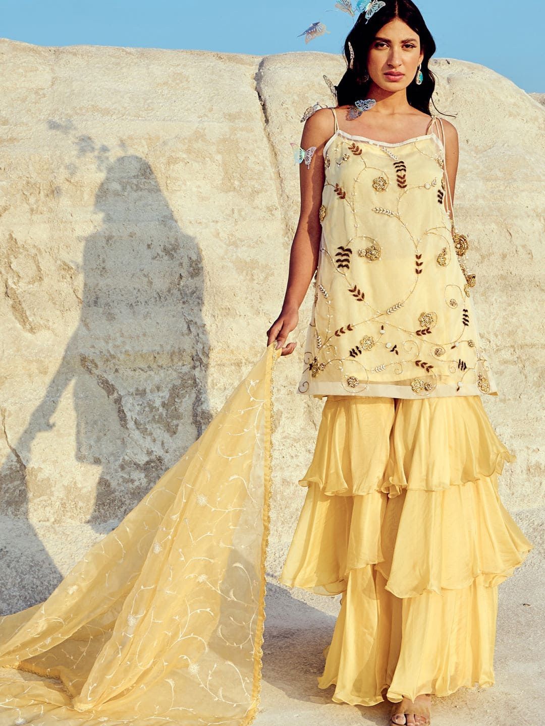 

Nikita Vishakha Floral Embroidered Thread Work Straight Kurti with Sharara & Dupatta, Yellow