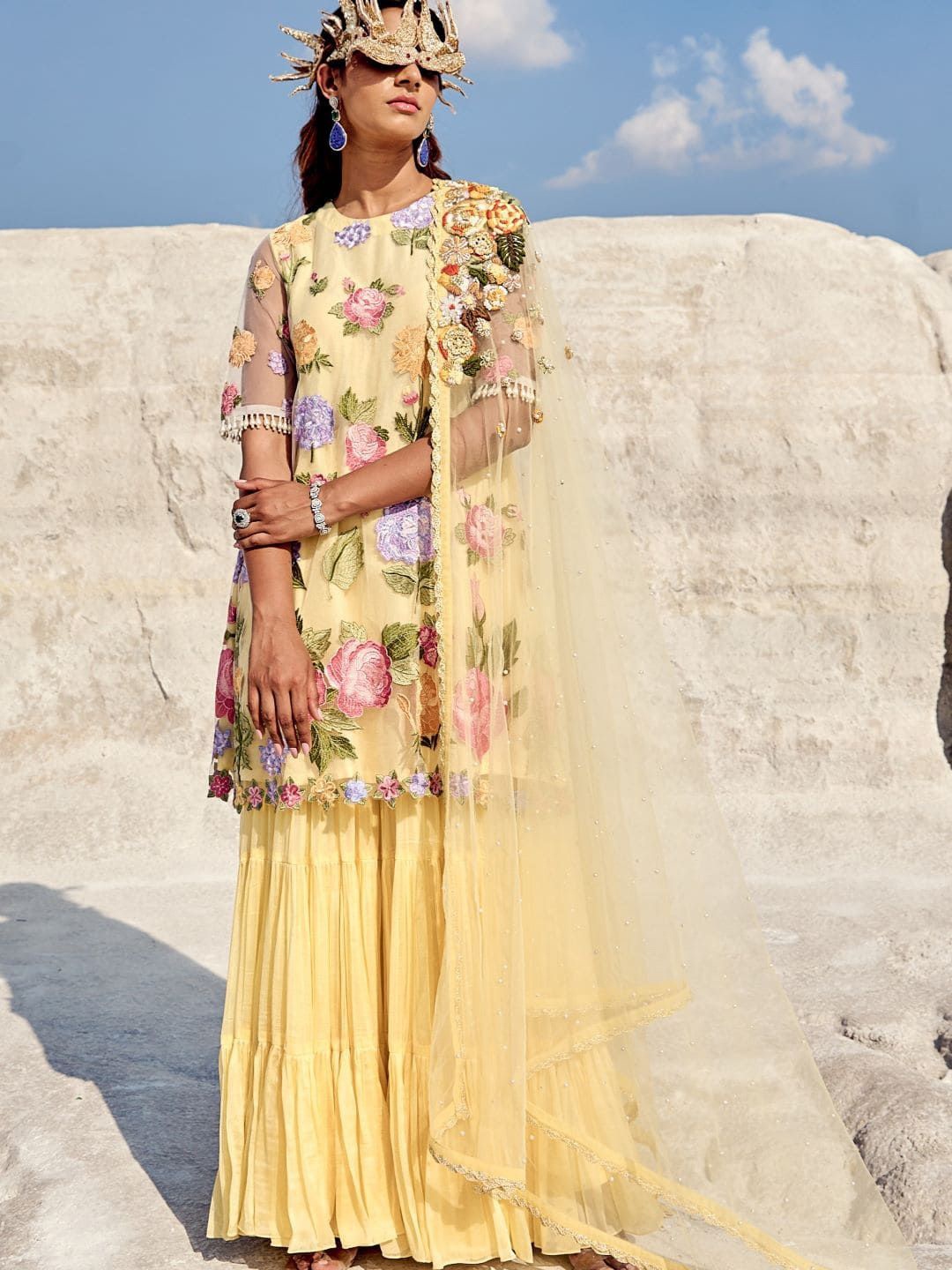 

Nikita Vishakha Floral Embroidered Organza A-Line Kurti with Sharara & Dupatta, Yellow