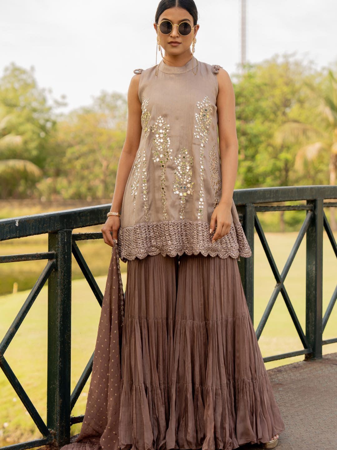 

Nikita Vishakha Floral Embroidered A Line Kurti & Sharara With Dupatta, Mauve