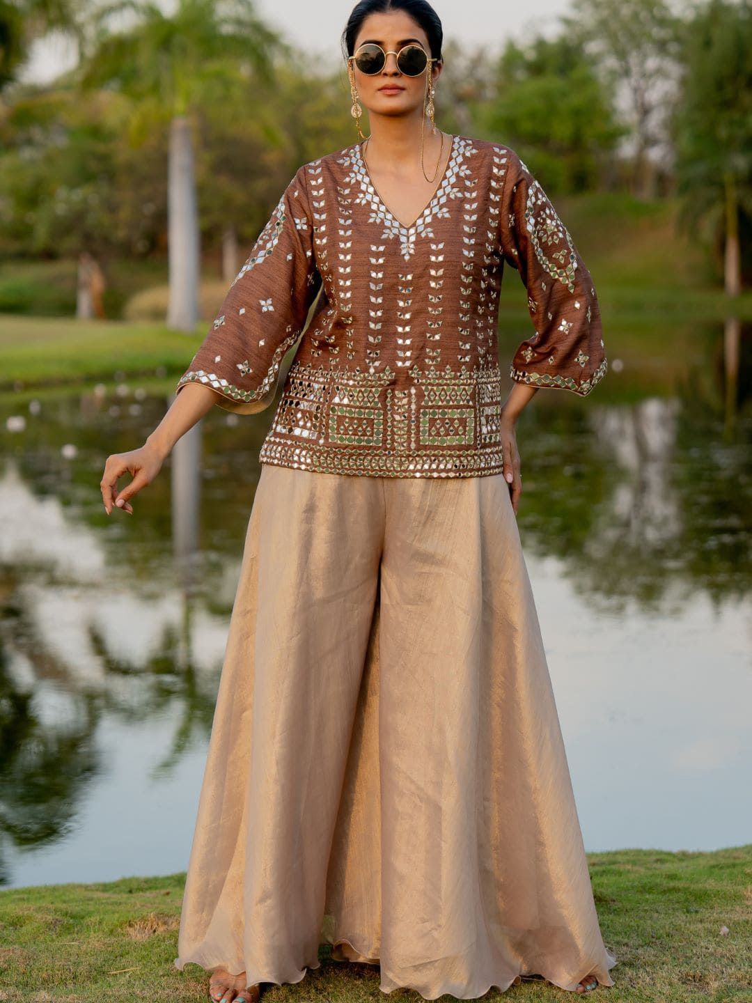 

Nikita Vishakha Embellished V-Neck Top & Palazzos, Bronze