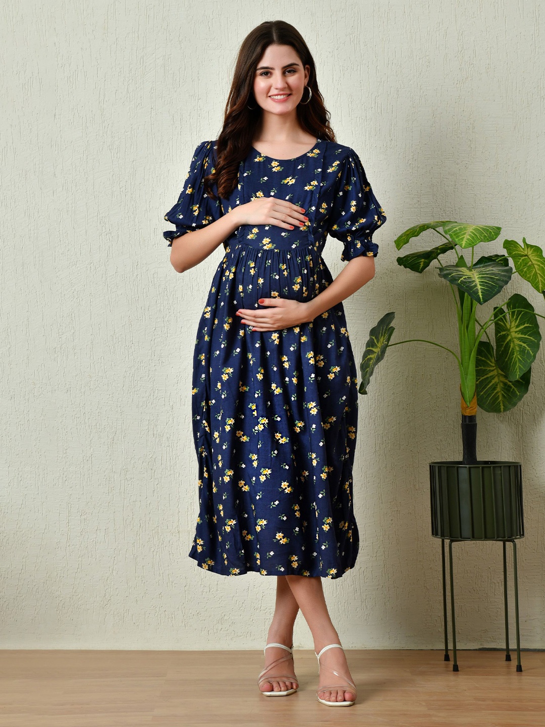 

Aaruvi Ruchi Verma Floral Print Maternity Fit & Flare Midi Dress, Blue