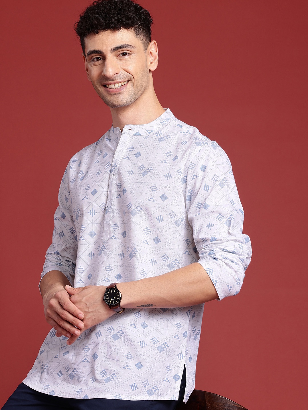 

Anouk Men Geometric Printed Mandarin Collar Pure Cotton Short Kurta, White