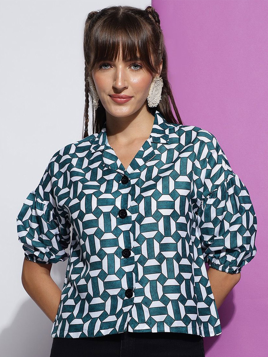 

DressBerry Women Geometric Print Mandarin Collar Shirt Style Top, Blue