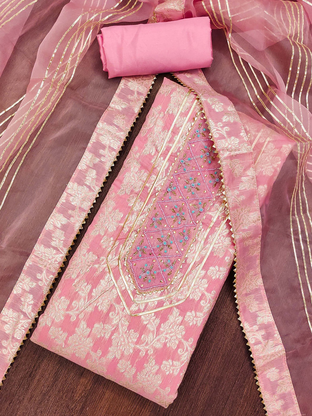 

KALINI Embellished Unstitched Dress Material, Pink
