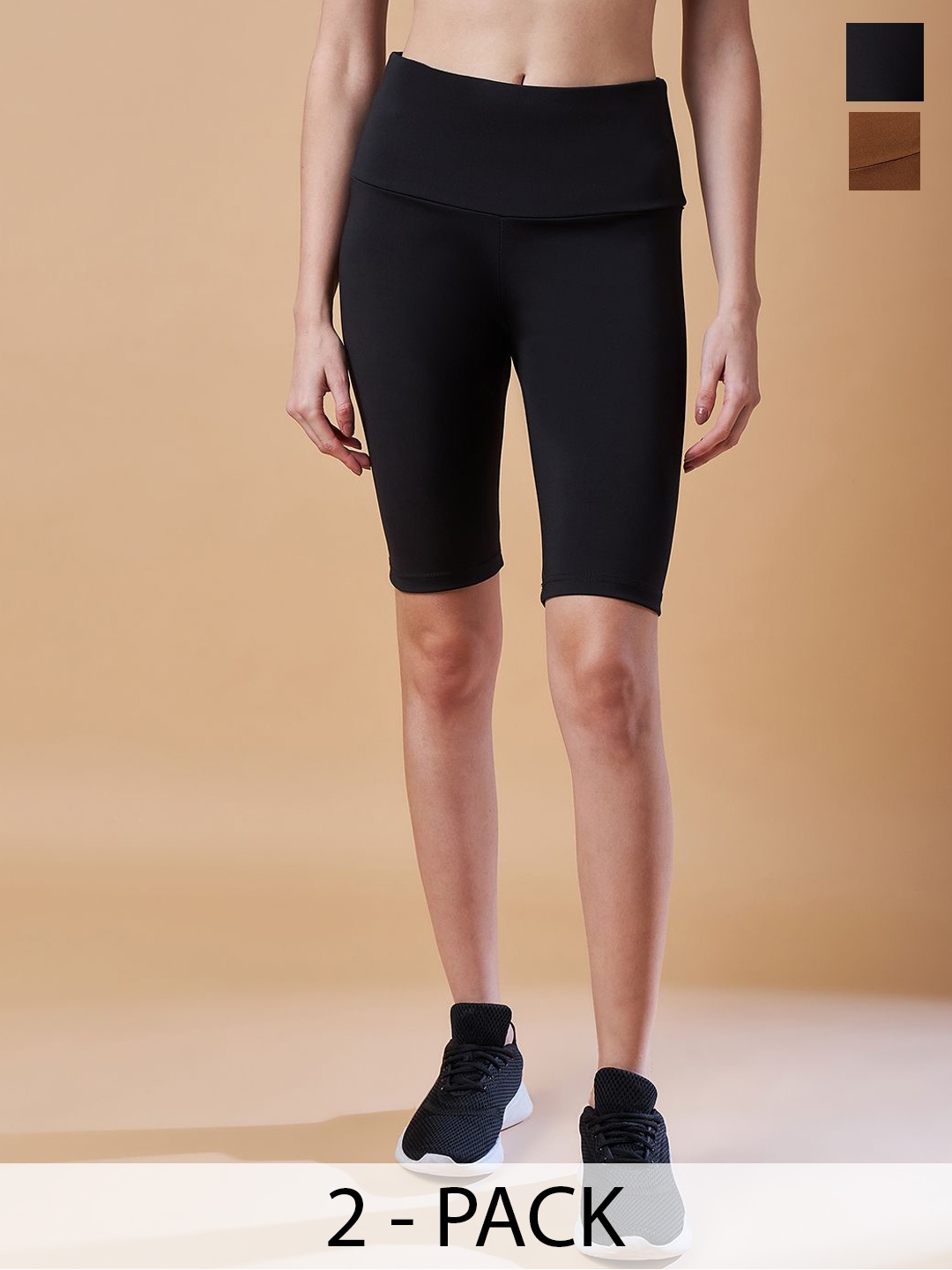 

COLOR CAPITAL Women Pack Of 2 Above Knee Length Antimicrobial Gym Tights, Black