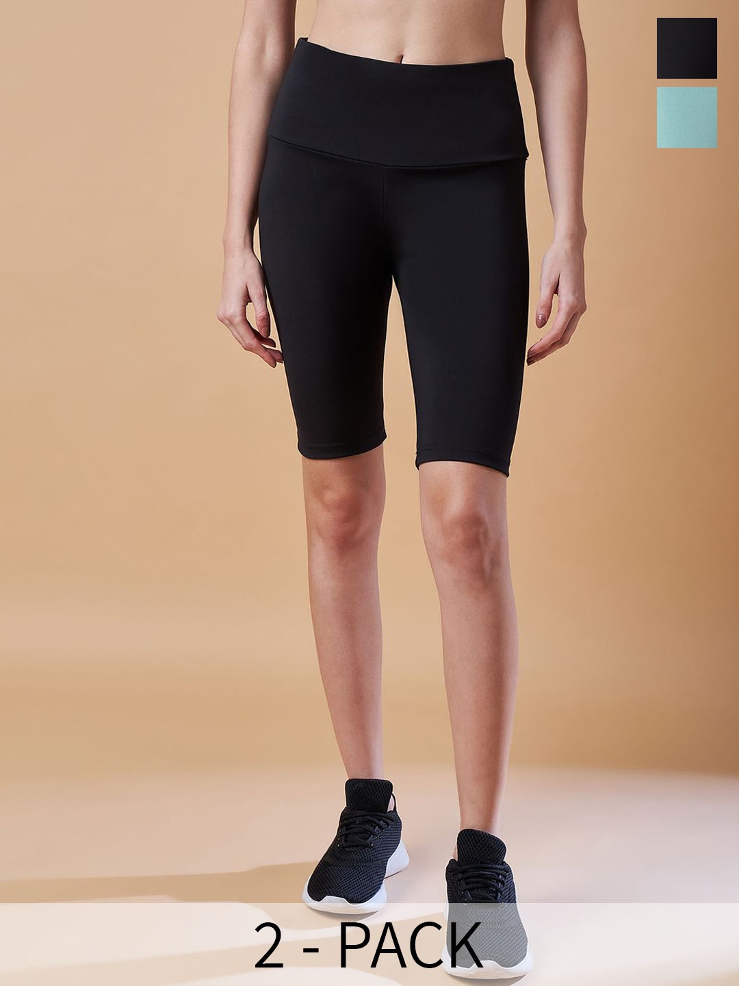 

COLOR CAPITAL Women Pack Of 2 Above Knee Length Antimicrobial Gym Tights, Black
