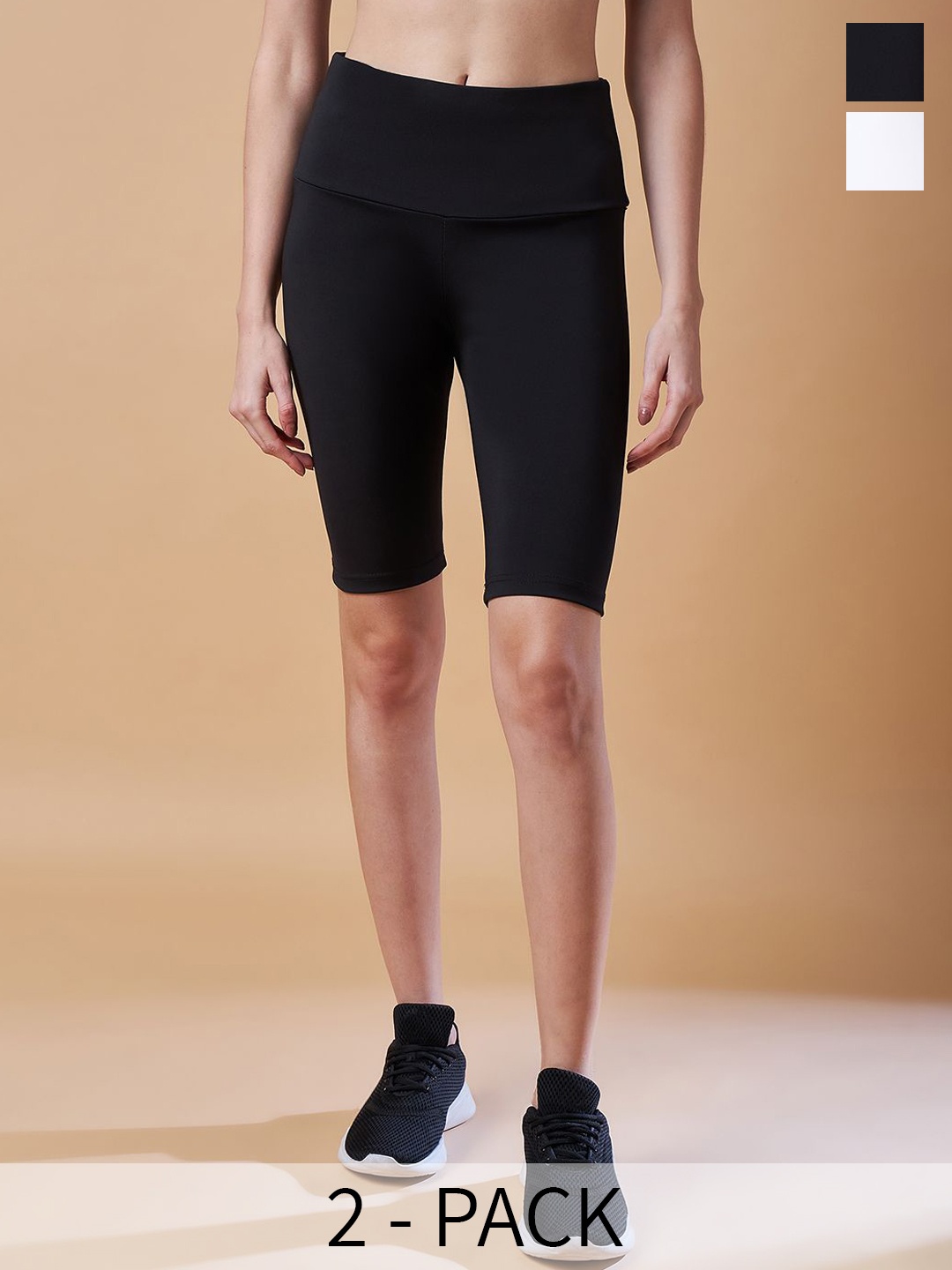 

COLOR CAPITAL Women Pack Of 2 Above-Knee Length Antimicrobial Sports Tights, Black