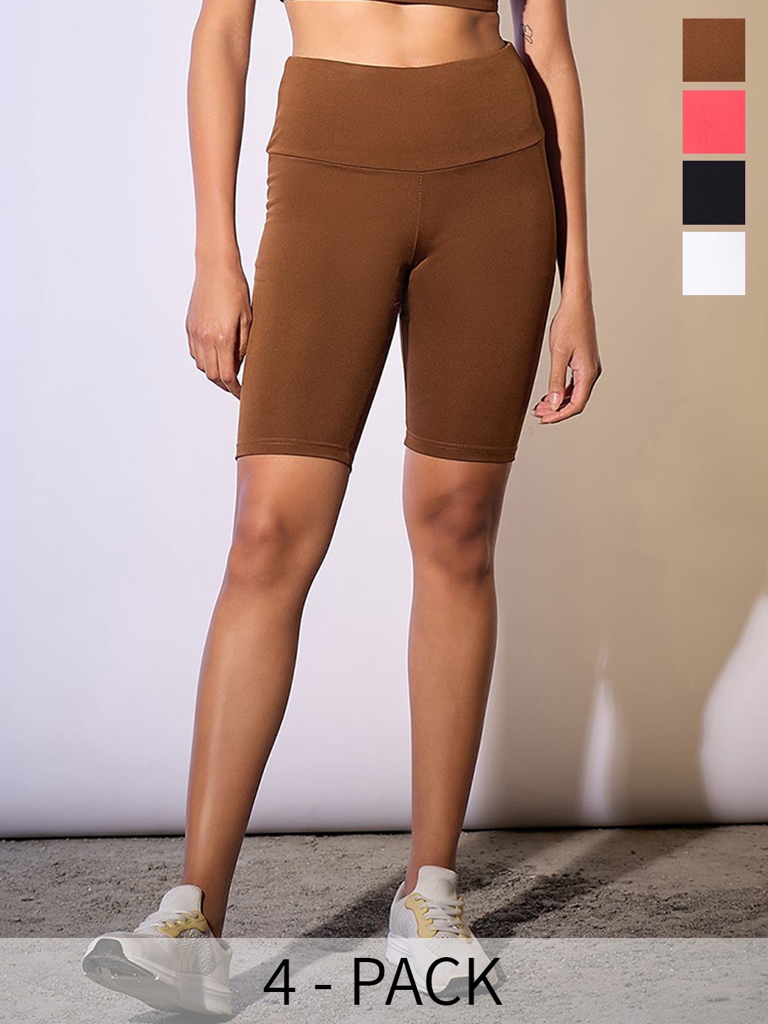 COLOR CAPITAL Women Pack of 4 Antimicrobial Above Knee Length Sports Tights, Brown