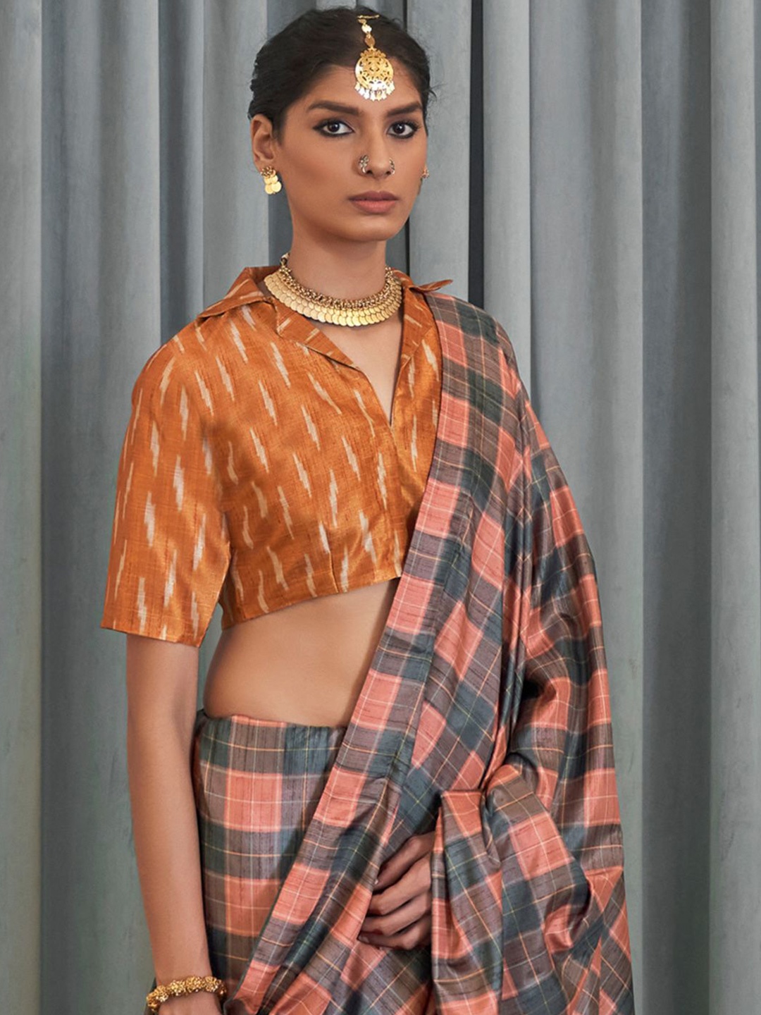 

Anouk Checked Block Print Saree, Peach