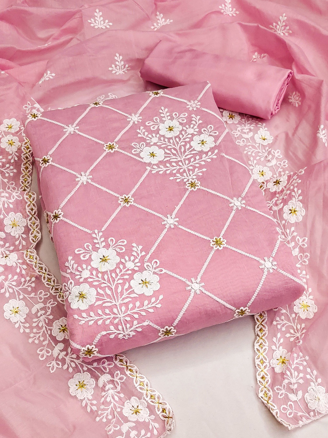 

KALINI Embroidered Unstitched Dress Material, Pink